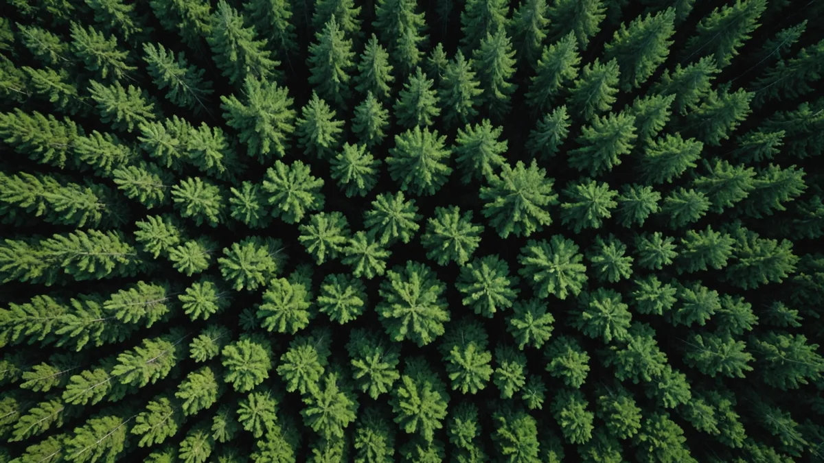 Forest and industrial juxtaposition representing carbon intensity measurement